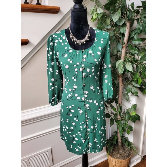 Les Serien Green Floral Polyester Scoop Neck Long Sleeve Knee Length Dress S - Picture 12 of 12